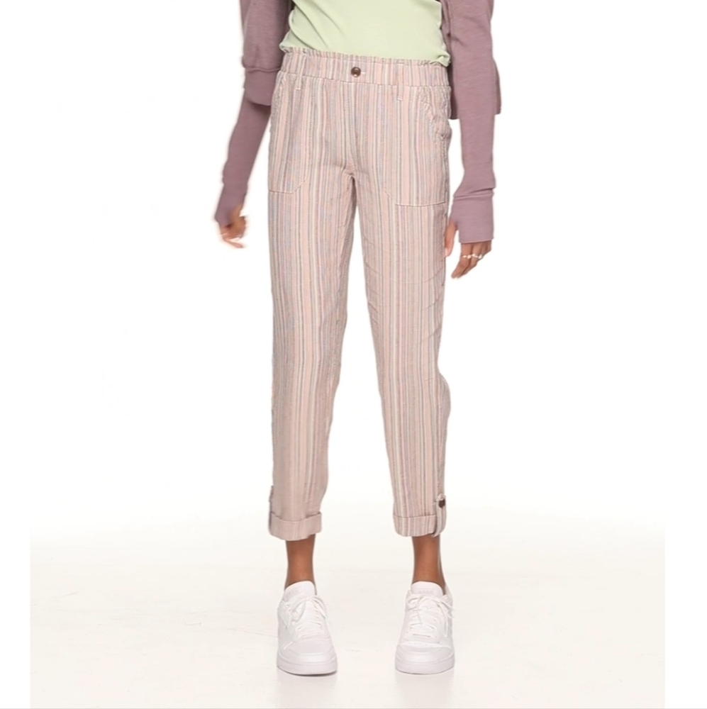 NWT Juniors' SO Tapered Leg Linen Pants, Khaki Multi